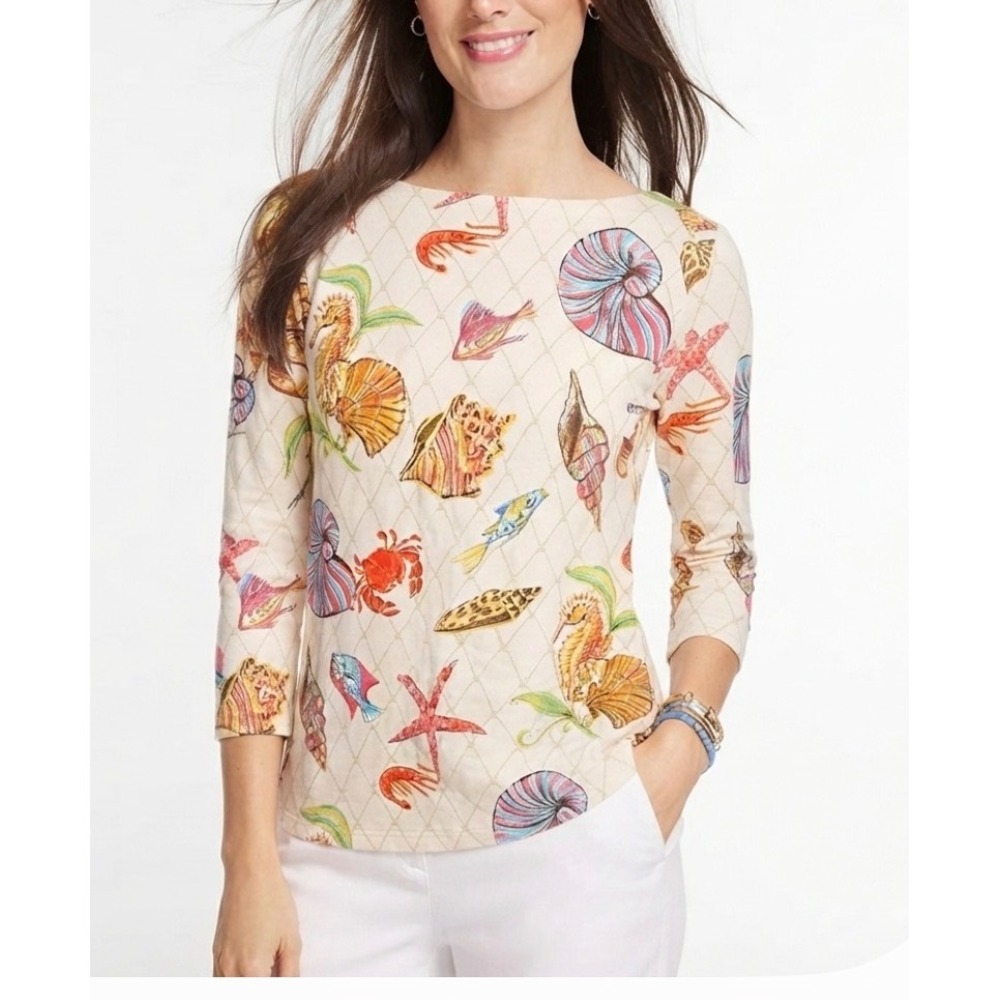 Talbots Tee Womens 1X Nautical Sea Shell Print Boat Neck 3/4 Sleeve Top Cream